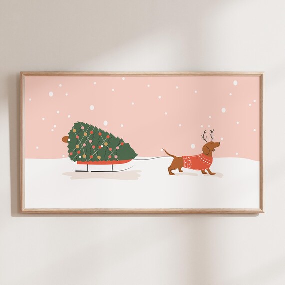 Dachshund Christmas Wall Art For Frame Tv Cute Dog Lover Christmas Print Retro Frame Tv Art For Holiday Decor