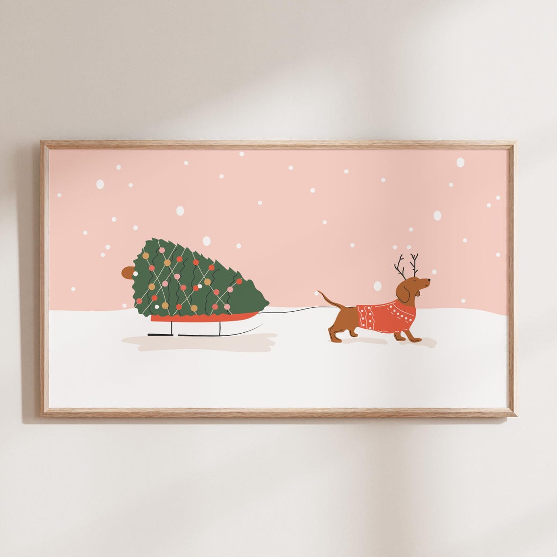 Cute Dachshund Pulling Christmas Tree Sled Holiday Dog Art Poster