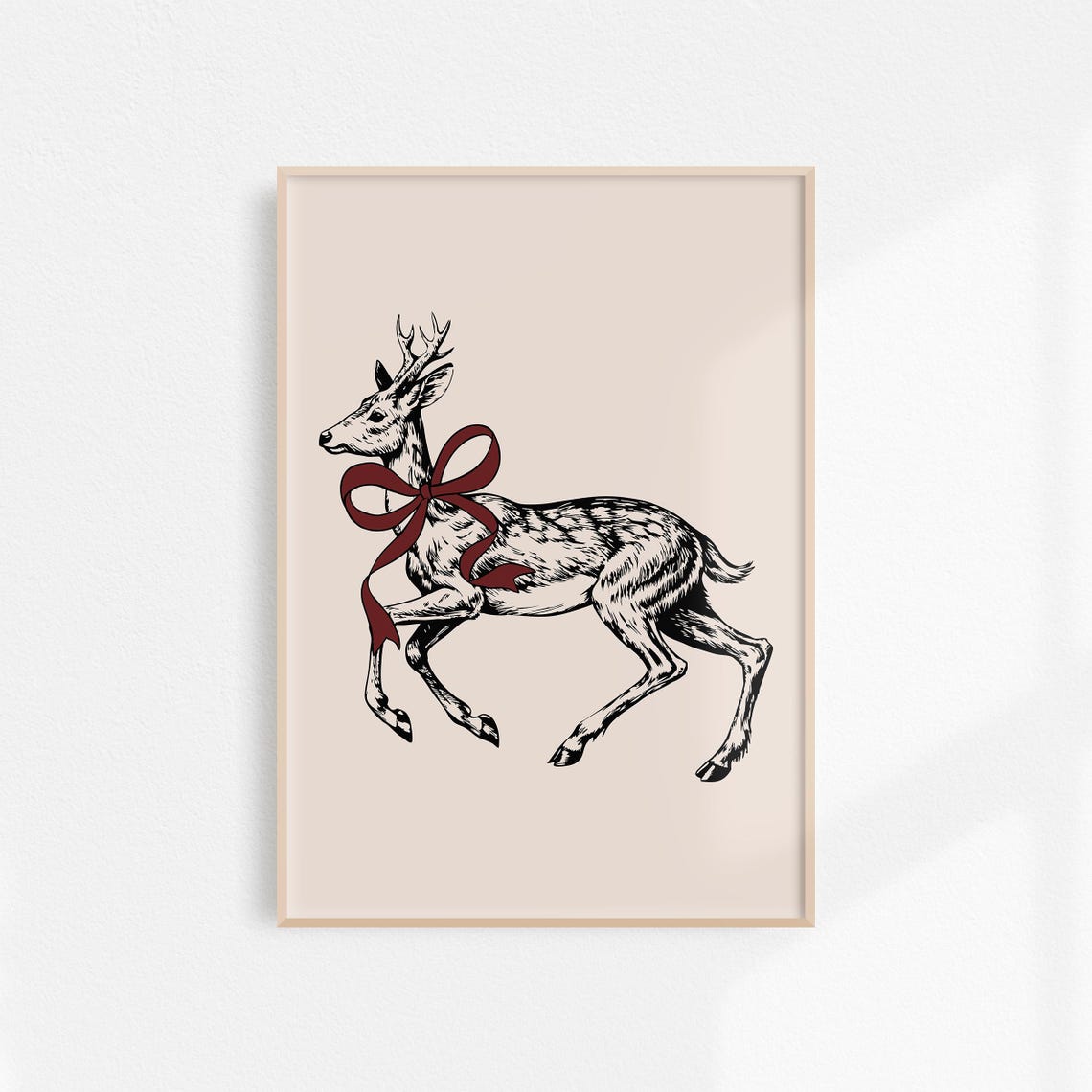 Vintage Reindeer Red Bow Engraving Style Neutral Holiday Poster - Image 3