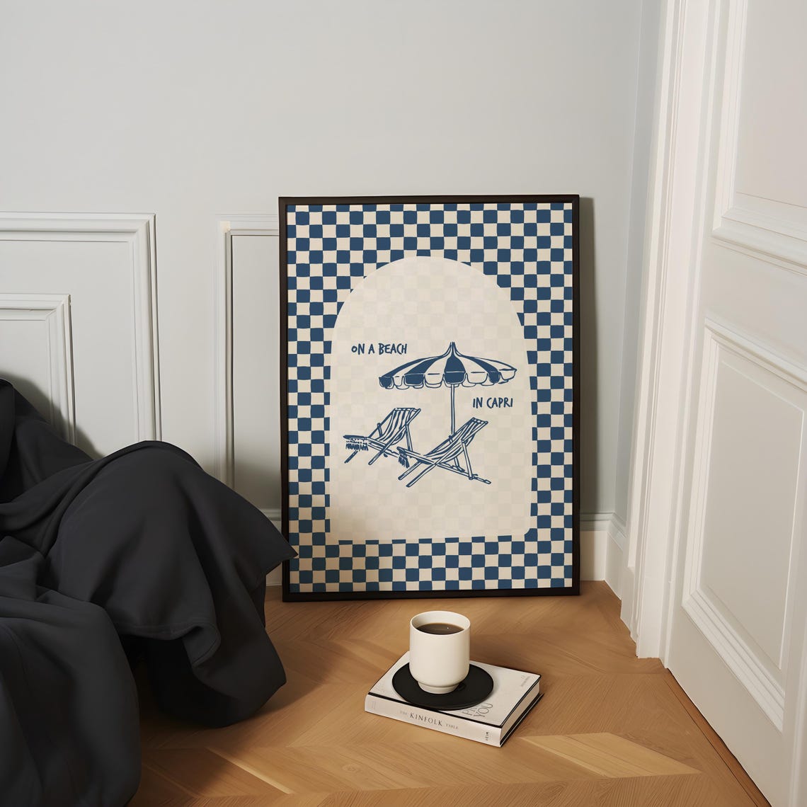 On A Beach In Capri Navy Checkered Retro Travel Illustration Poster - Image 2