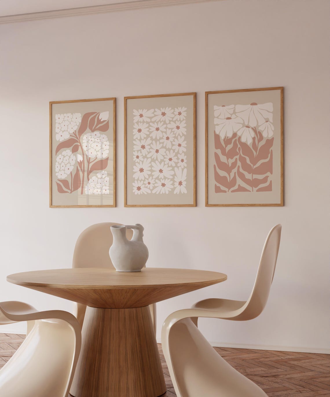 White Daisy Grid Floral Pattern Warm Beige Botanical Art Poster - Image 2