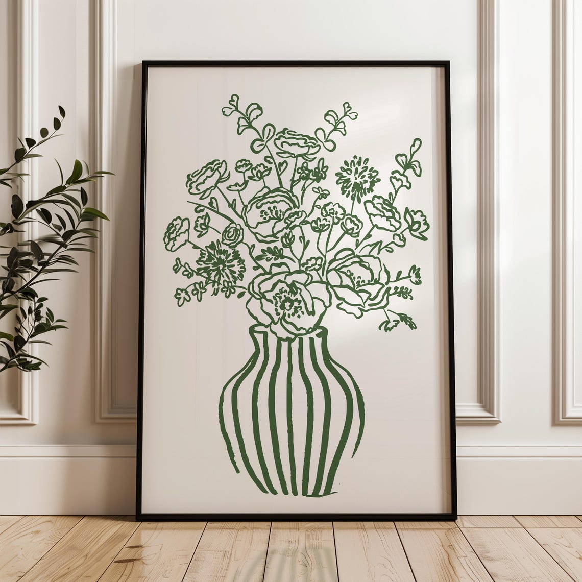 Green Line Art Flowers In Striped Vase Botanical Minimal Wall Poster - Image 5
