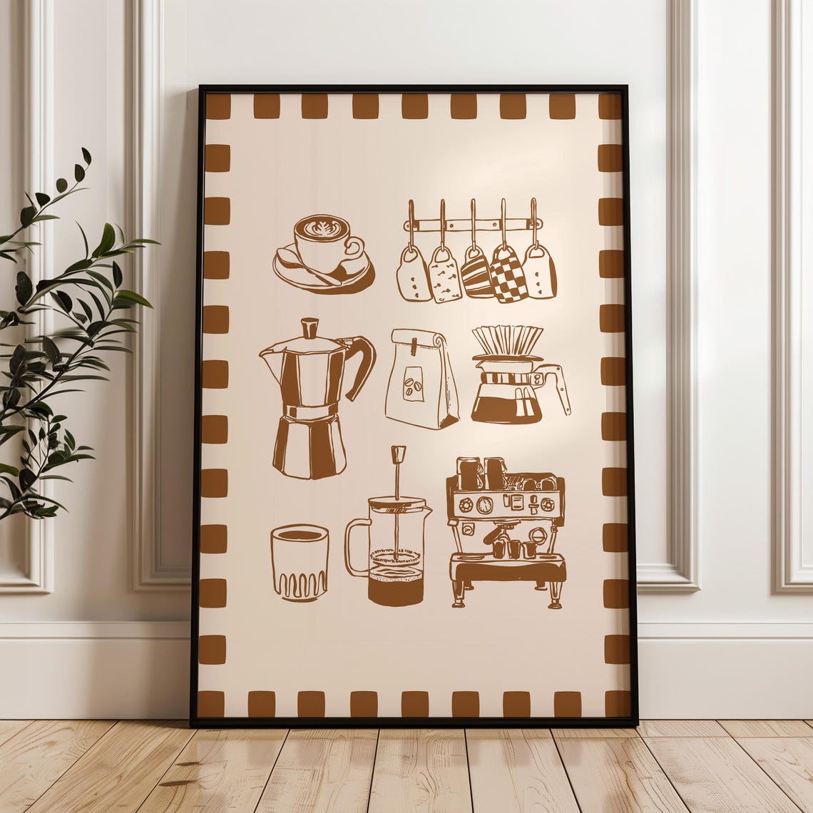 Brown Coffee Icons Moka Pot Espresso Machine Line Grid Poster - Image 2