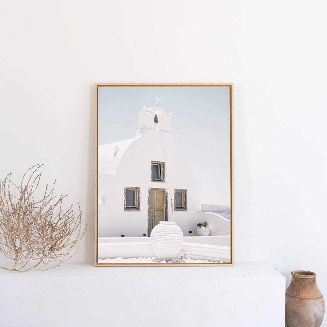 White Greek Island Church With Bell Tower And Clay Pots Poster - Image 3