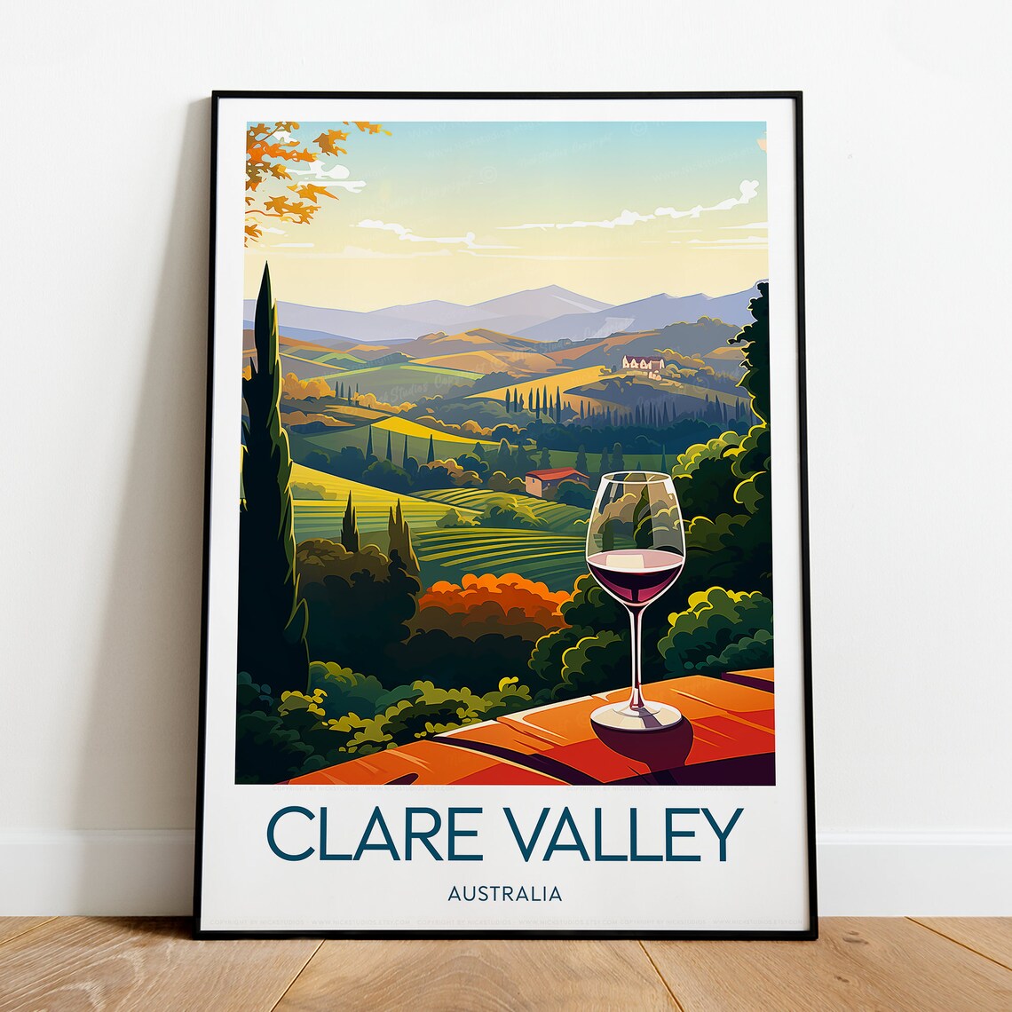Clare Valley Wine Glass Rolling Hills Golden Vineyard Poster