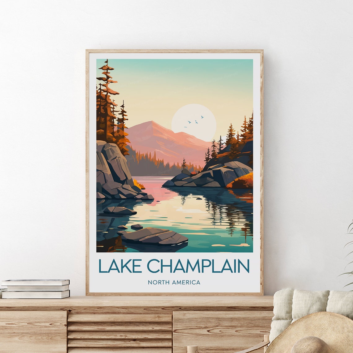 Lake Champlain Dawn Rocky Lakeshore Mountains North America Poster