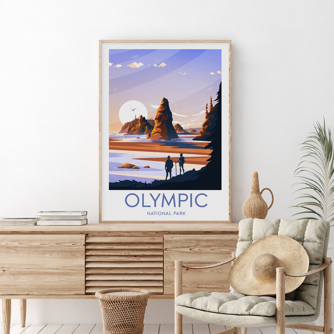 Olympic National Park Sunset Coast Sea Stacks Hikers Art Poster