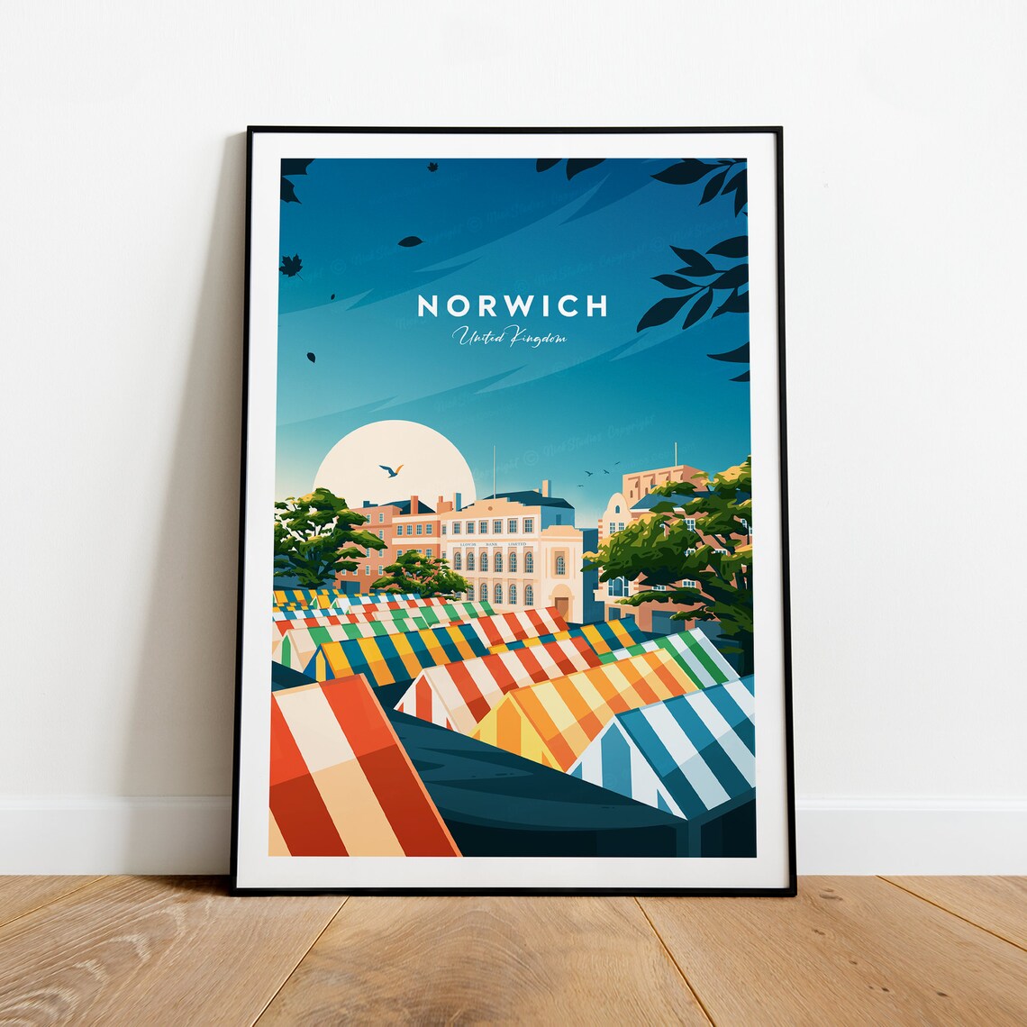 Norwich UK Market Stalls Striped Canopies City Hall Travel Poster