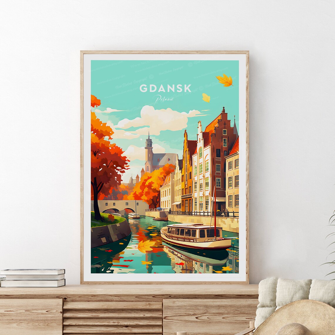 Gdansk Poland Autumn Canal Travel Poster with Falling Leaves