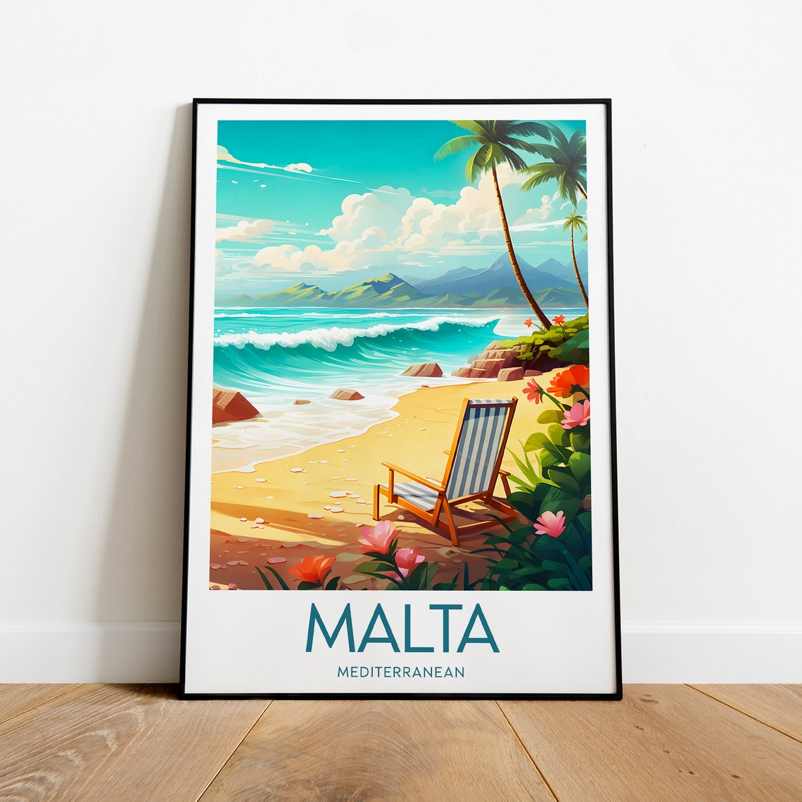 Malta Mediterranean Beach Palm Deck Chair Sunny Day Travel Poster
