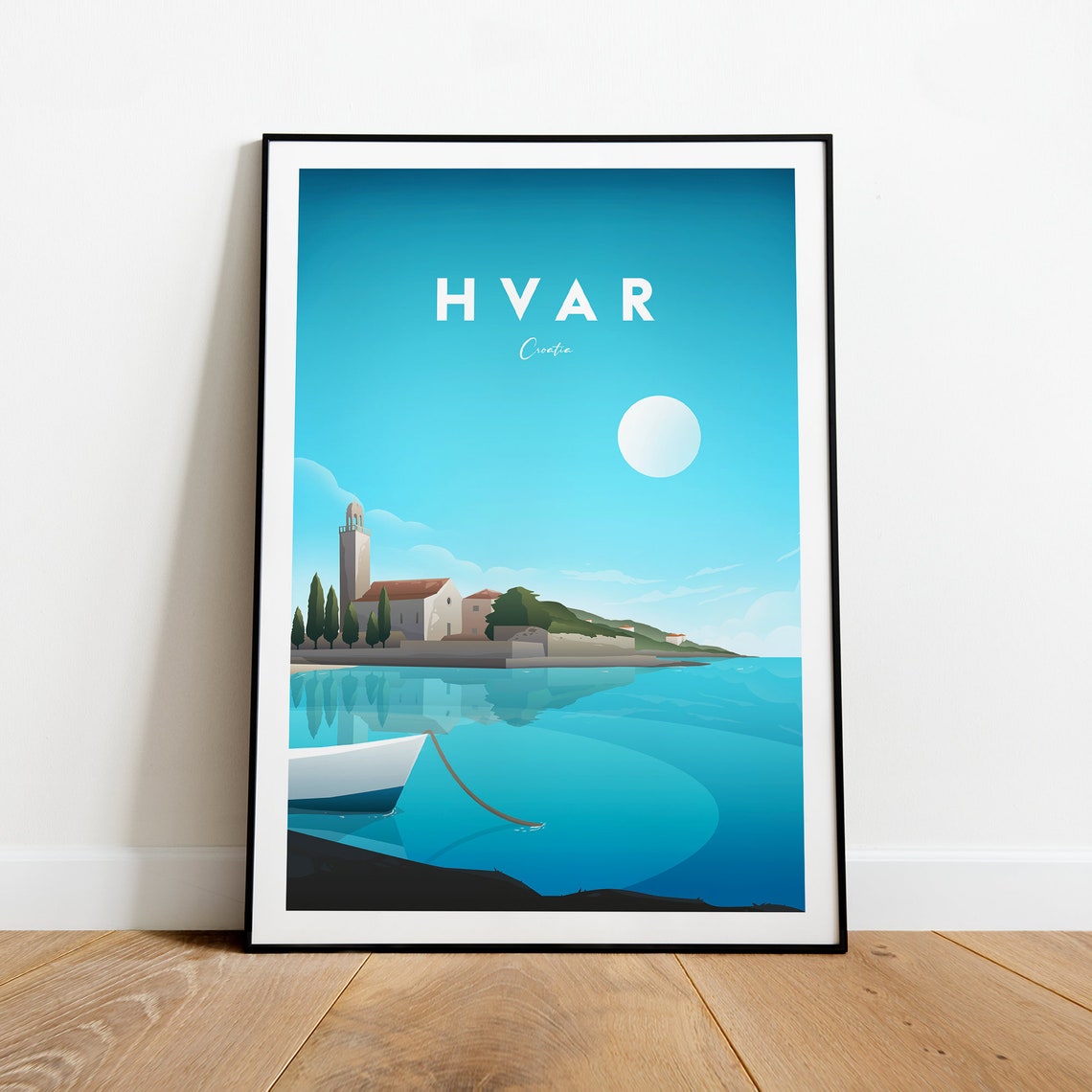 Hvar Croatia Minimalist Harbor And Bell Tower Morning Poster