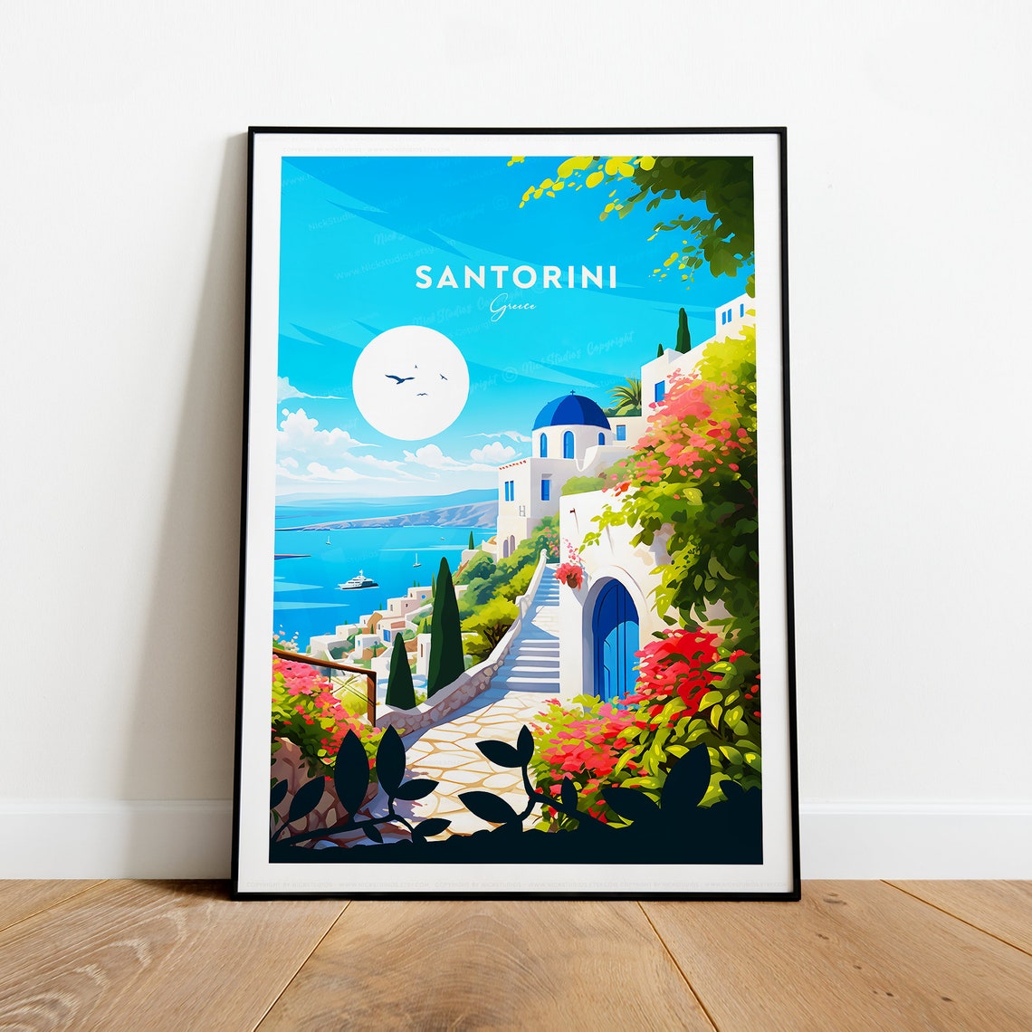 Santorini Greece Blue Dome Church Village Scene Travel Poster - Image 2