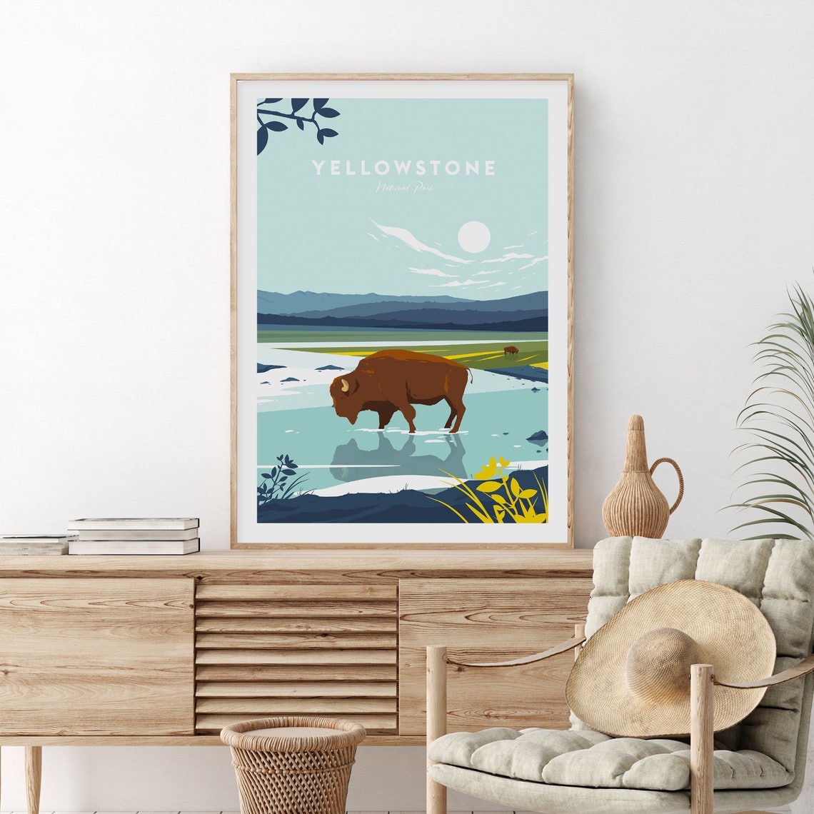 Wild Yellowstone National Park Bison River Valley Scene Poster