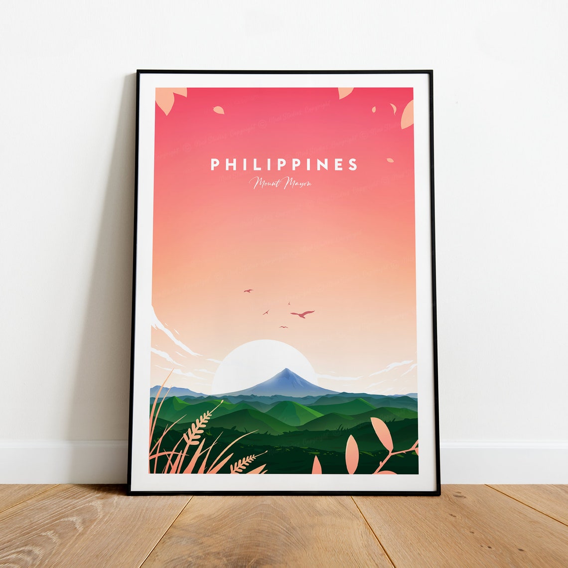 Philippines Mount Mayon Volcano Sunset Green Fields View Poster - Image 2