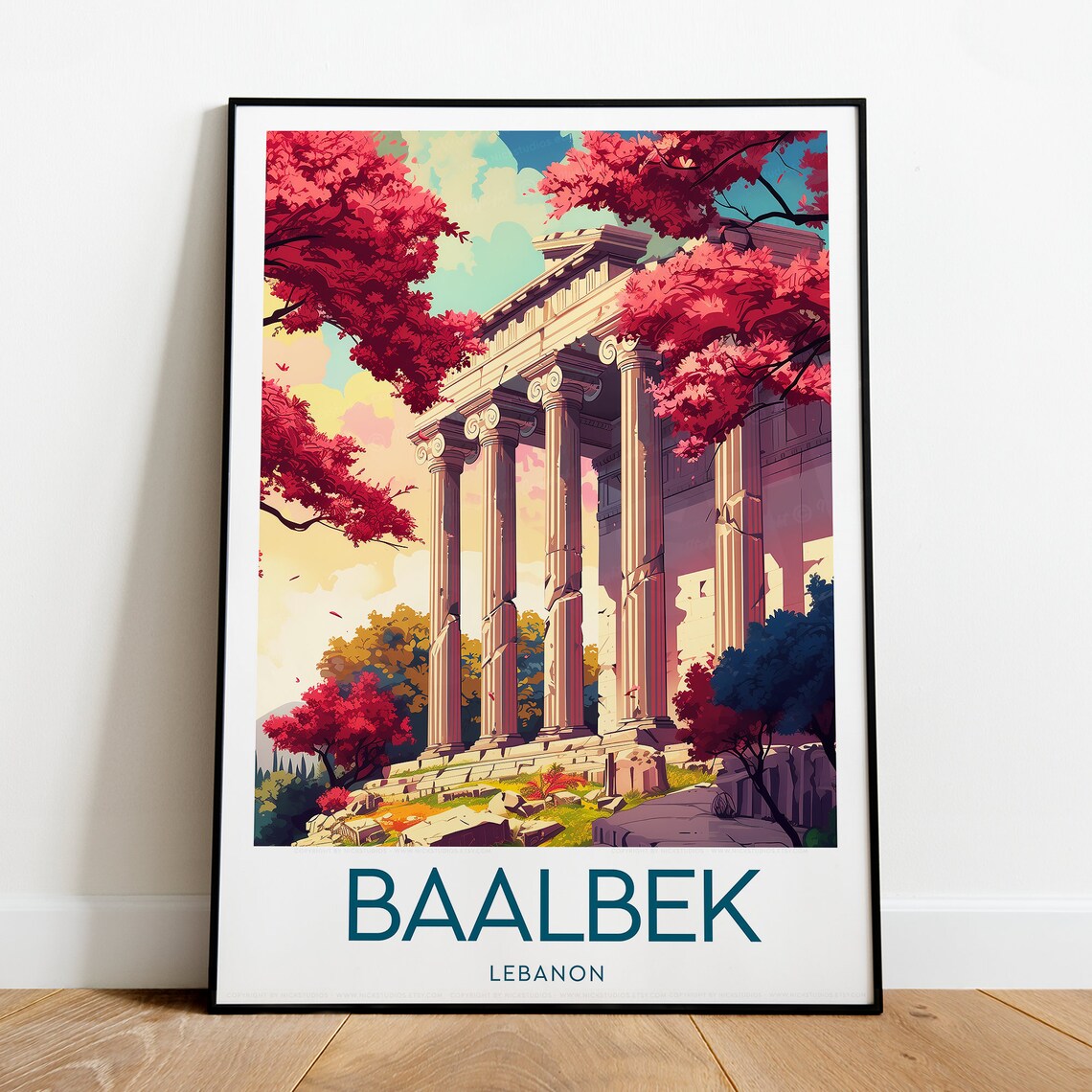 Baalbek Lebanon Roman Temple Columns Pink Trees Travel Poster