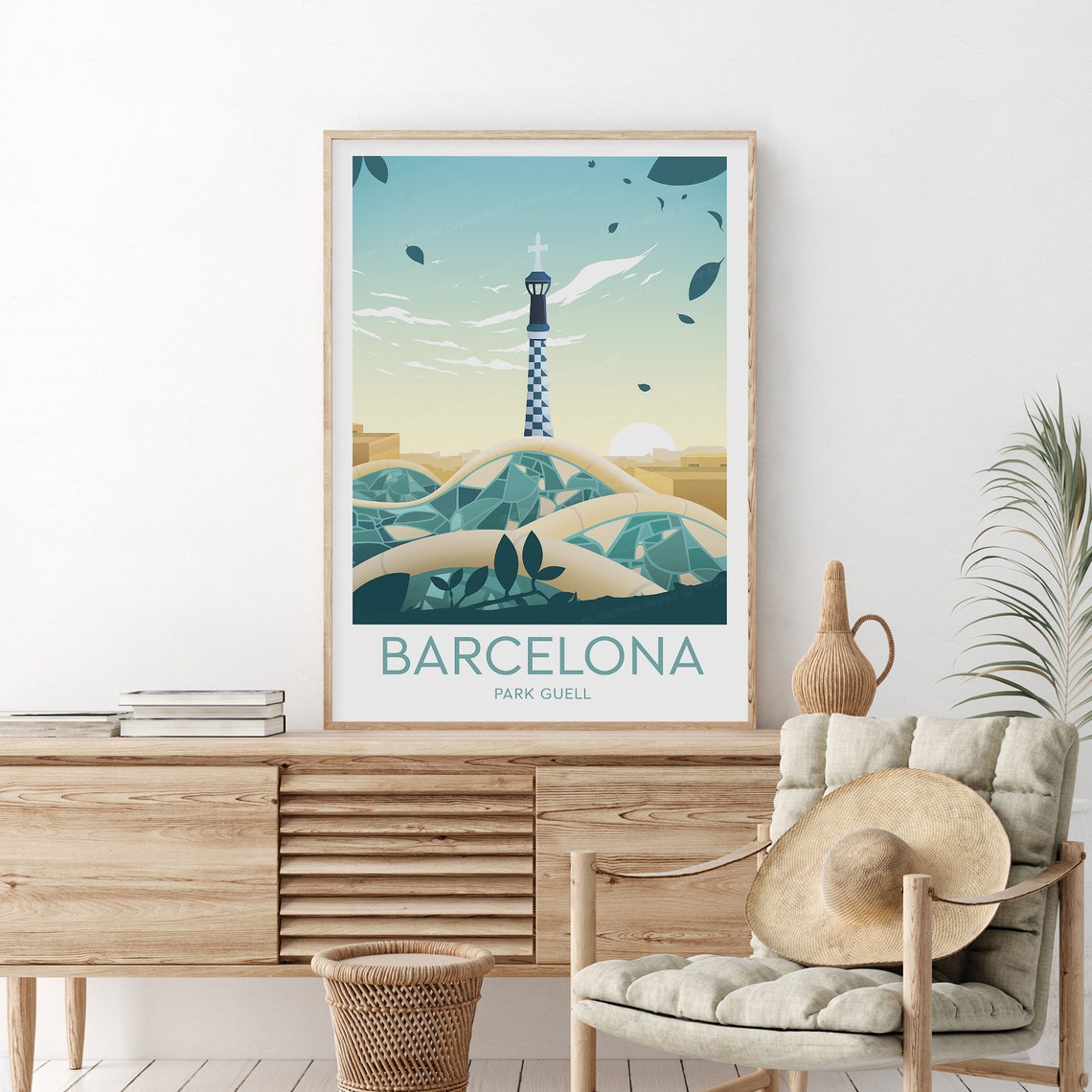Barcelona Spain Park Guell Gaudi Tower Mosaic Vintage Travel Poster
