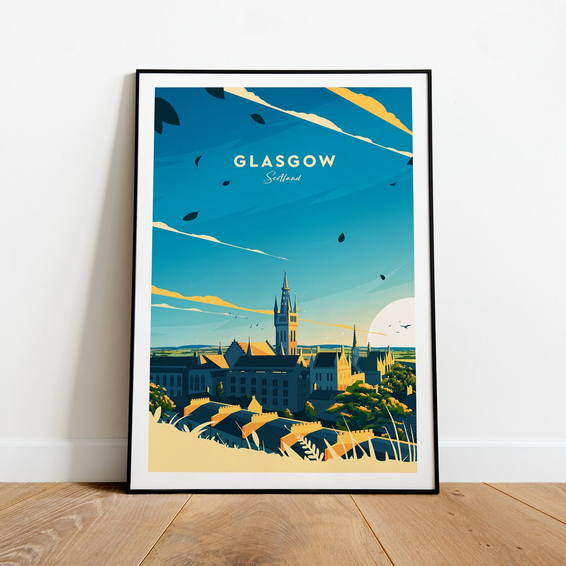 Glasgow Scotland Golden Sunset City Skyline Vintage Travel Poster - Image 2