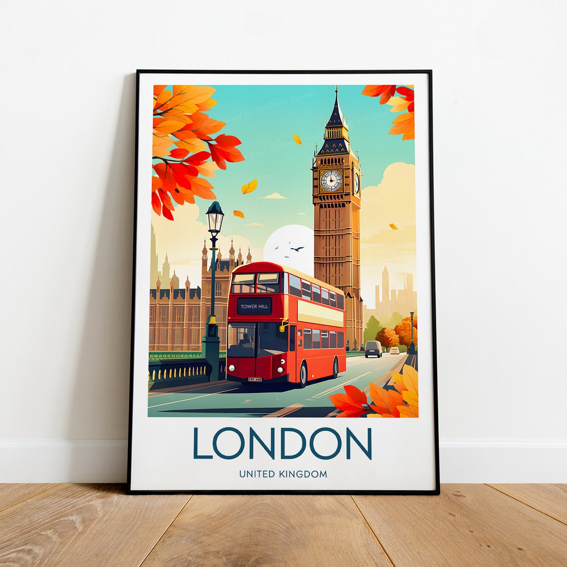 London Big Ben Red Bus Autumn Leaves Westminster Bridge Poster