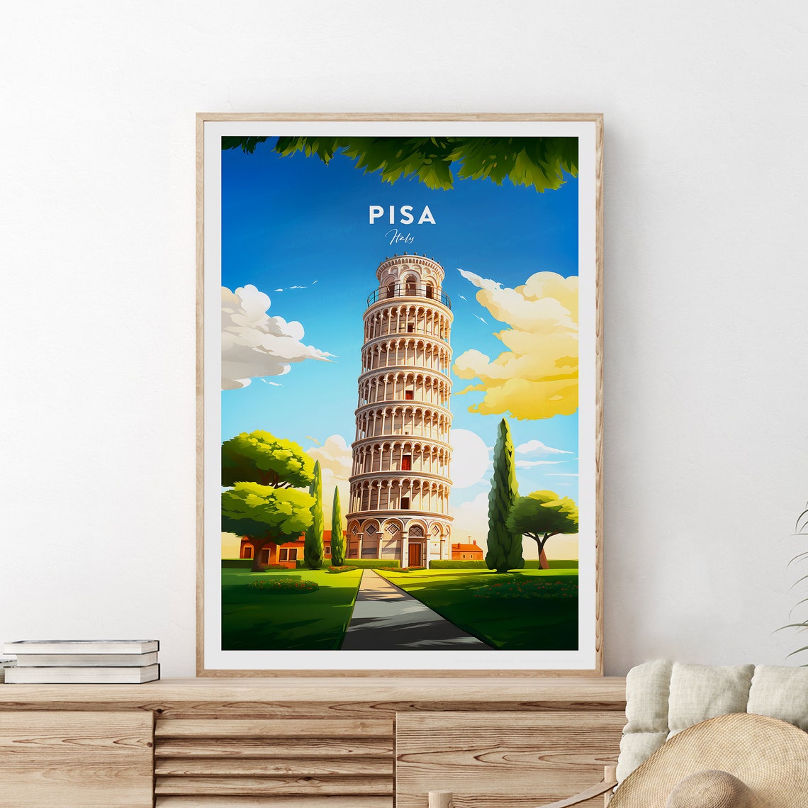 Pisa Leaning Tower Italy Sunny Day Vintage Scenic Travel Poster