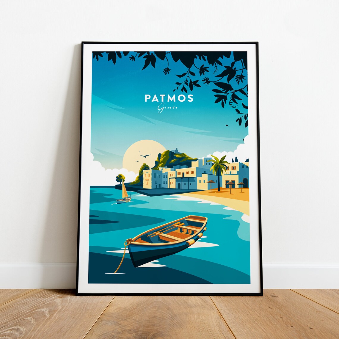 Patmos Greece Sunset Harbor Sailboat Rowboat Coastal Travel Poster
