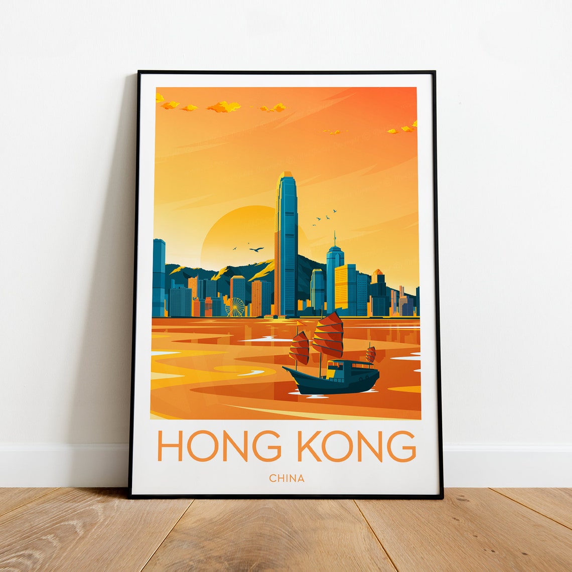 Hong Kong China Junk Boat Harbor Sunset Skyline Travel Poster