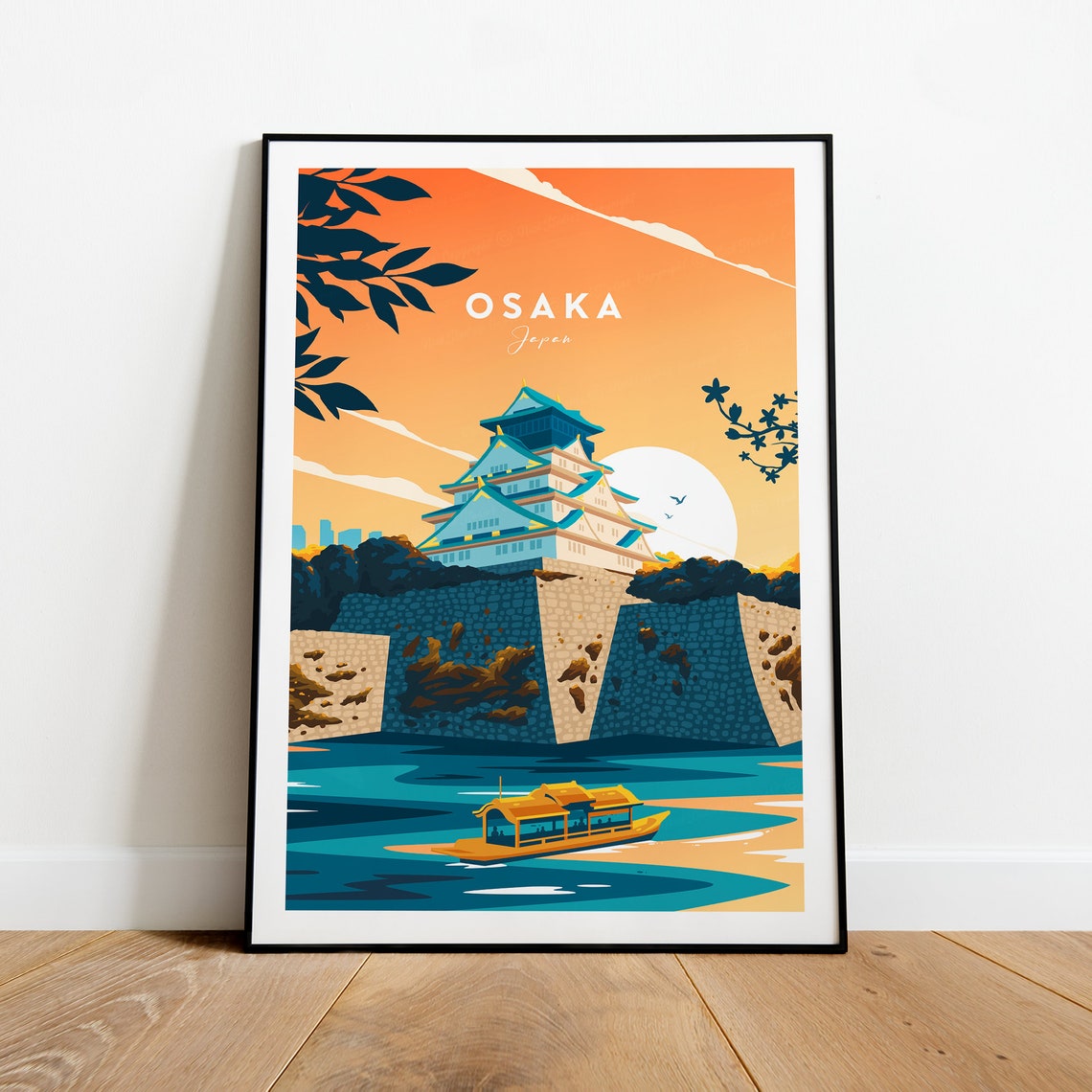 Osaka Japan Sunset Castle Waterfront Cityscape Travel Poster