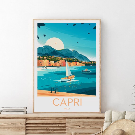 Capri Italy Sailboat Harbour Coastal Island Vintage Travel Poster