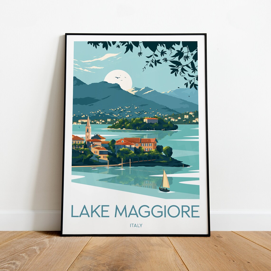 Lake Maggiore Italy Moonlit Island Sailboat Vintage Travel Poster - Image 2