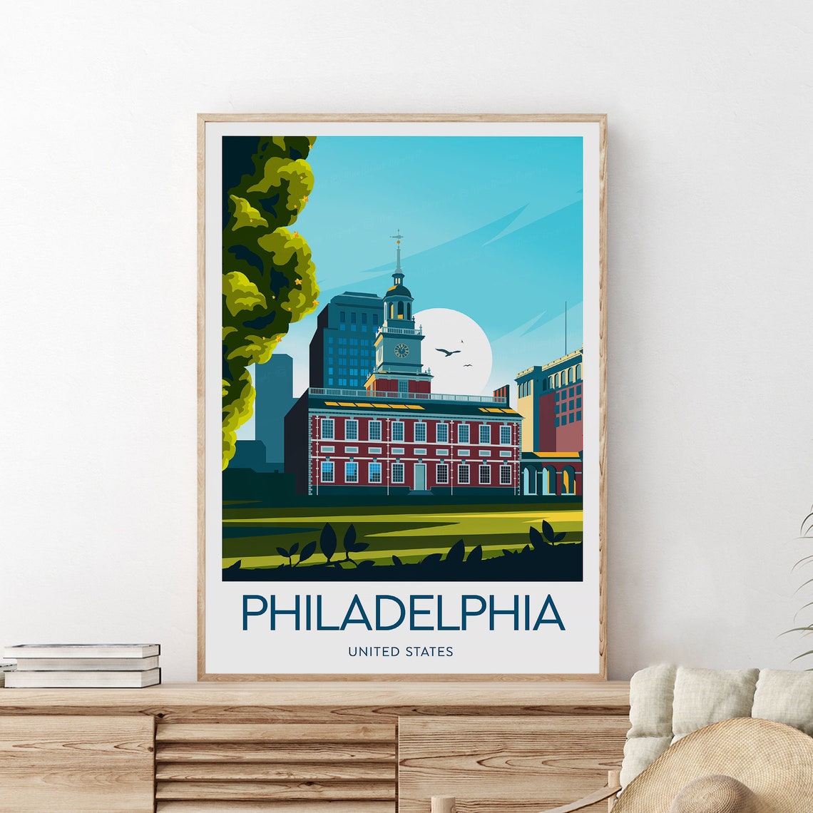 Philadelphia Independence Hall Clock Tower Skyline Travel Poster