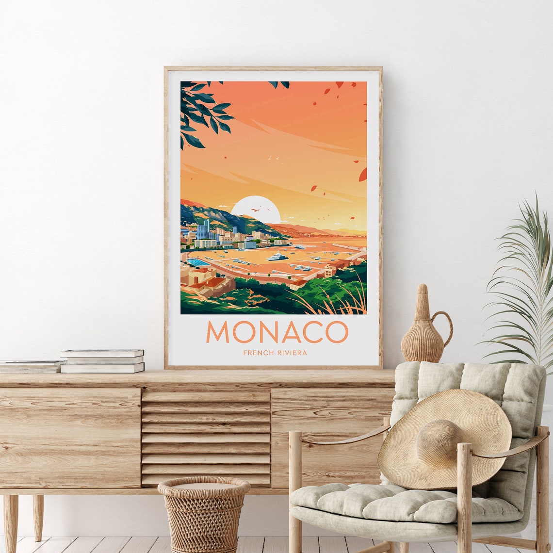 Monaco French Riviera Harbor Golden Sunset Skyline Travel Poster