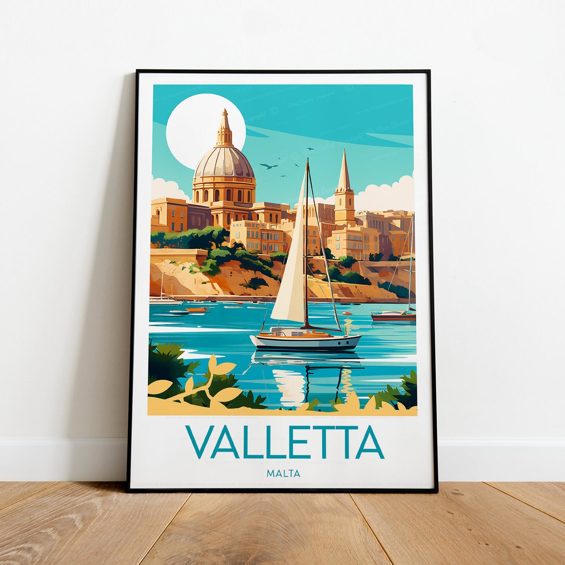 Valletta Malta Harbour Sailboat Cathedral Dome Travel Poster