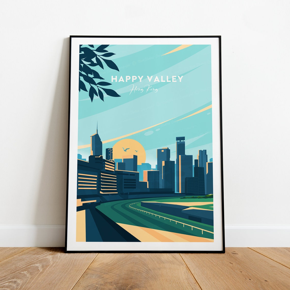 Happy Valley Hong Kong White Script Racecourse Sunset Poster