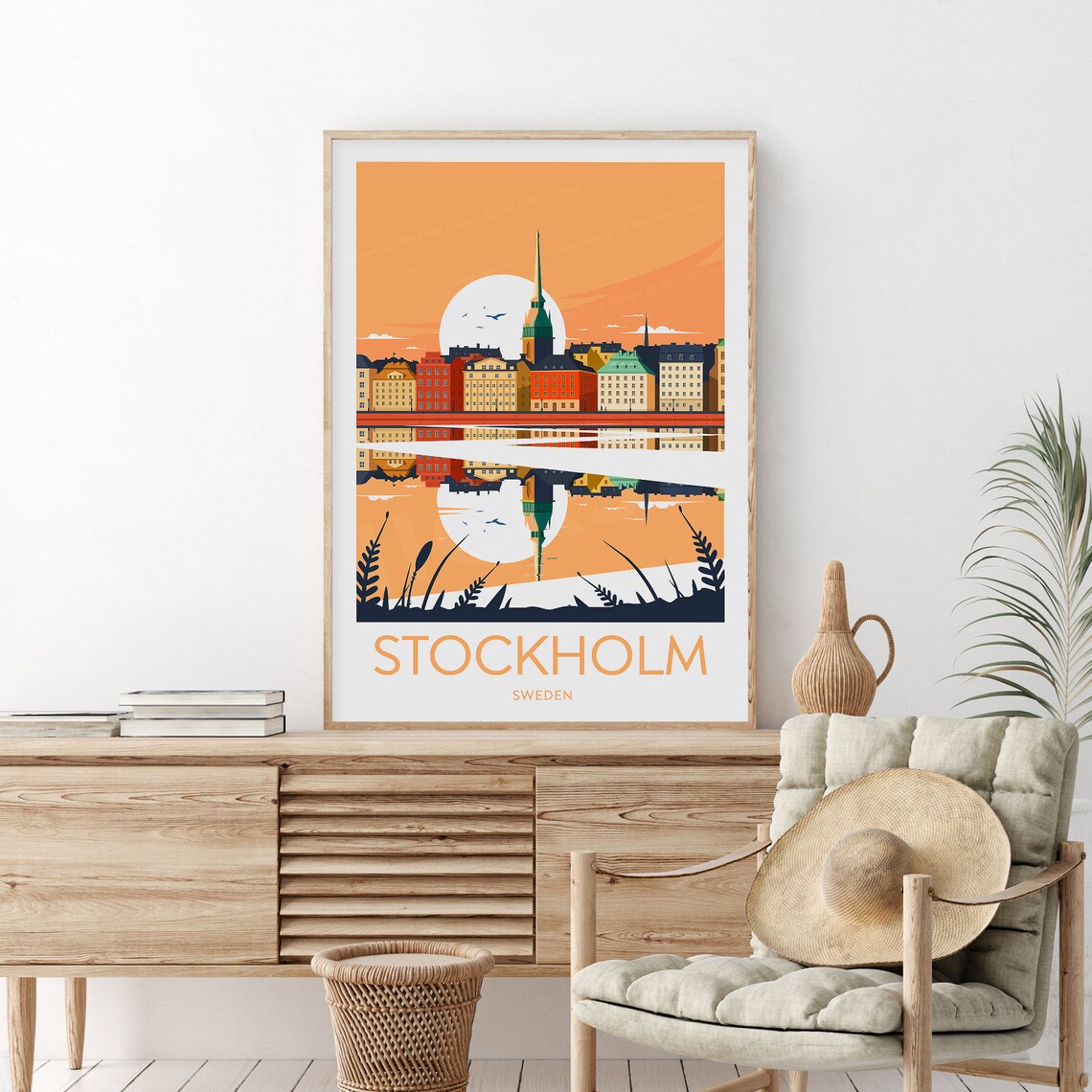 Stockholm Sweden Sunset Harbor Skyline Vintage Travel Poster