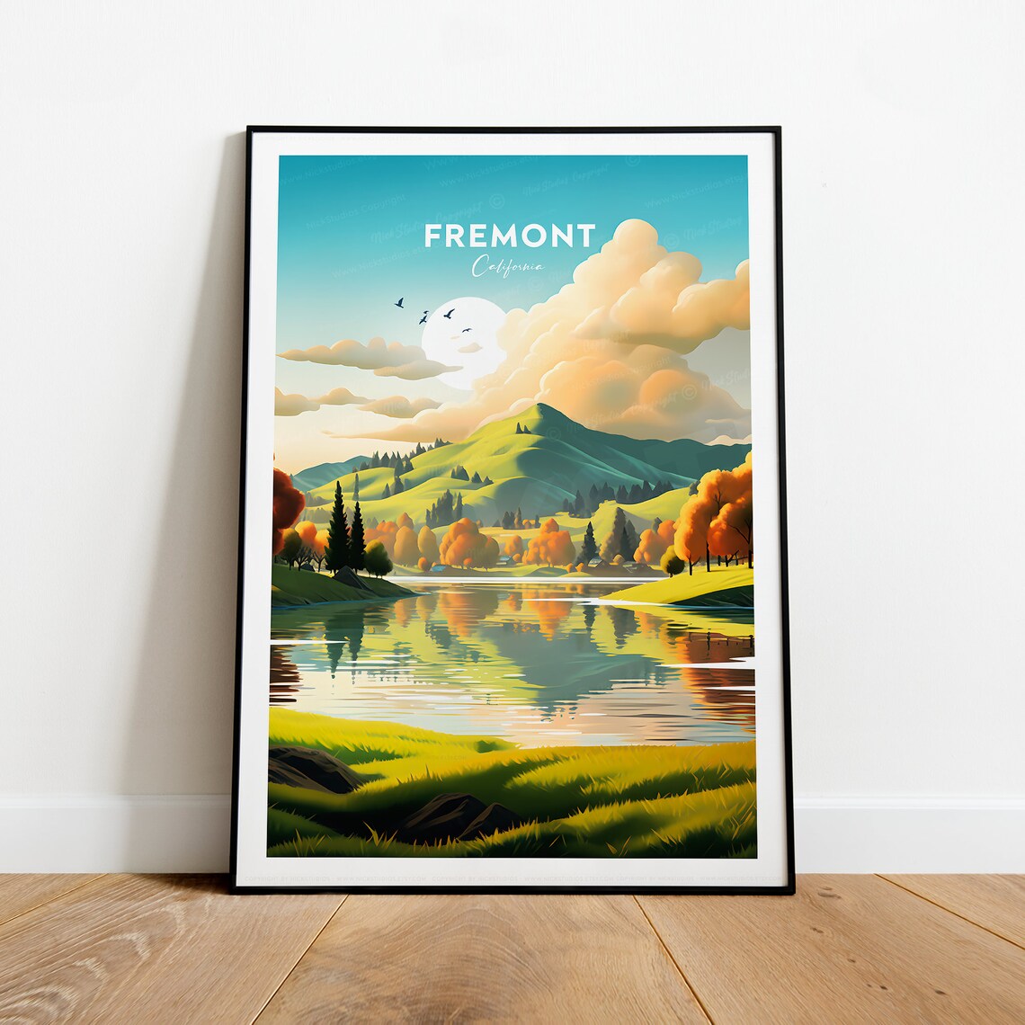 Fremont California Autumn Lake Golden Hills Travel Art Poster