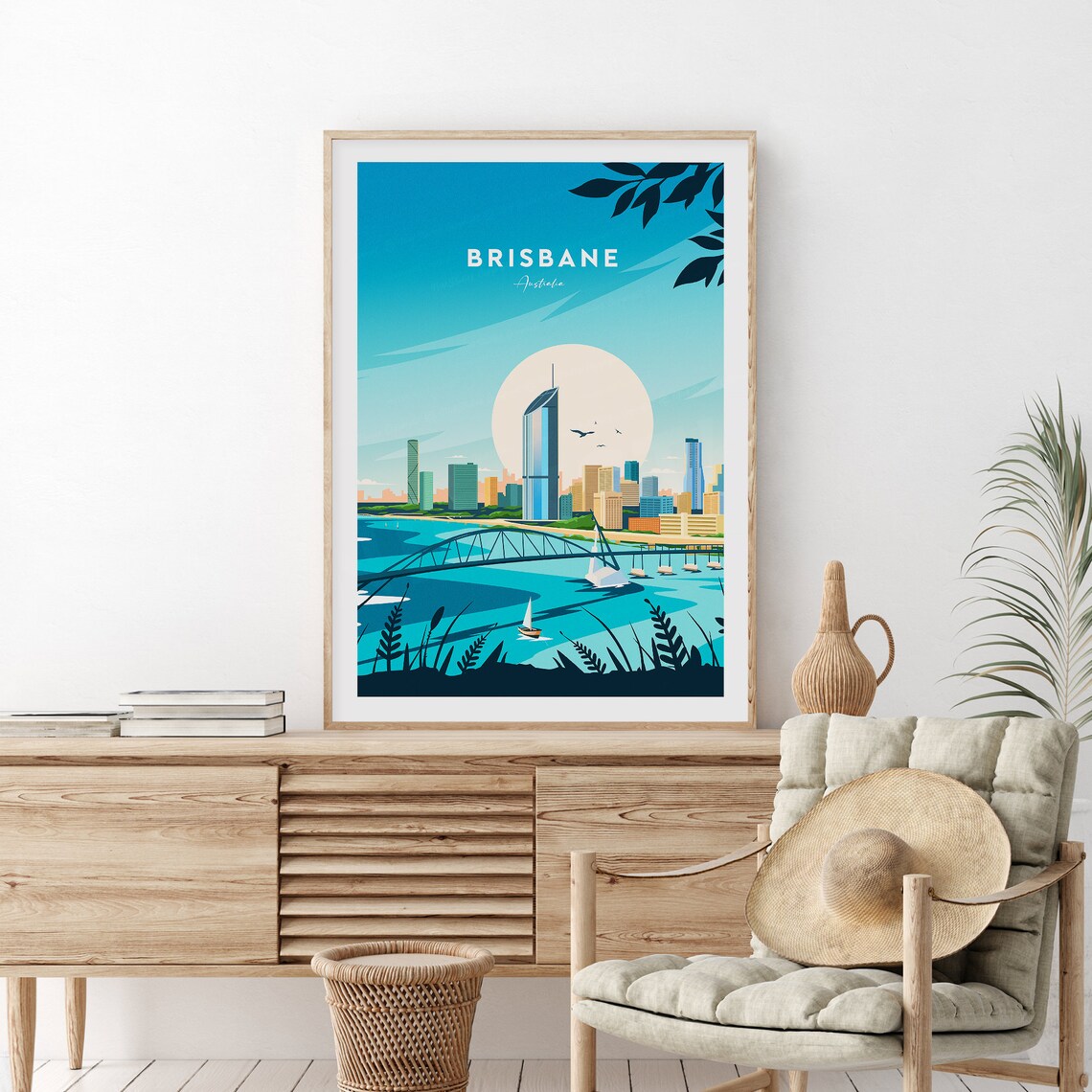 Brisbane Australia Skyline River Bridge Moon City Night Travel Poster