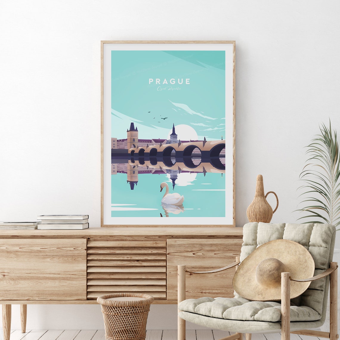Prague Czech Republic Charles Bridge Swan Reflection Travel Poster - Image 2