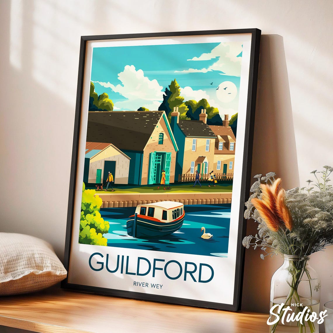 Guildford River Wey Narrowboat and Riverside Cottages Travel Poster