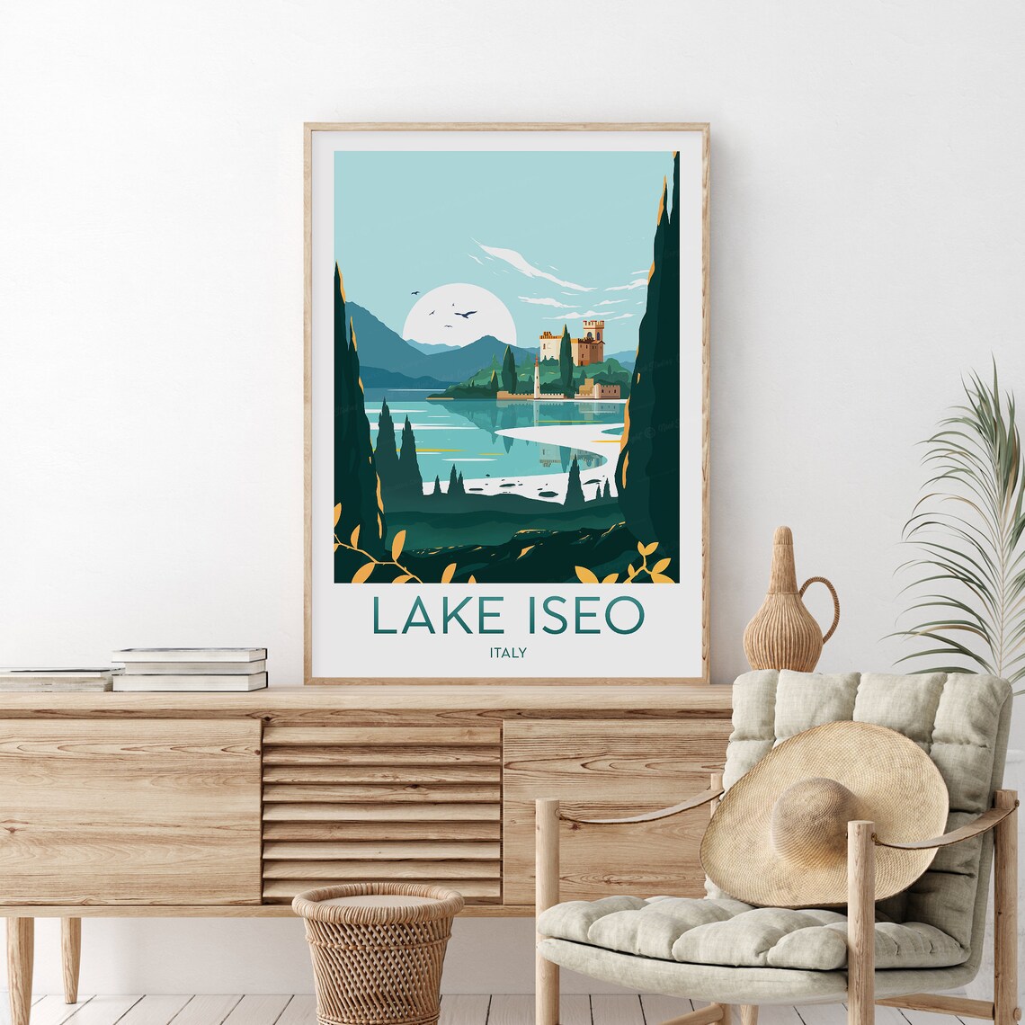 Lake Iseo Italy Moonrise Castle Cypress Trees Night Scene Poster - Image 2