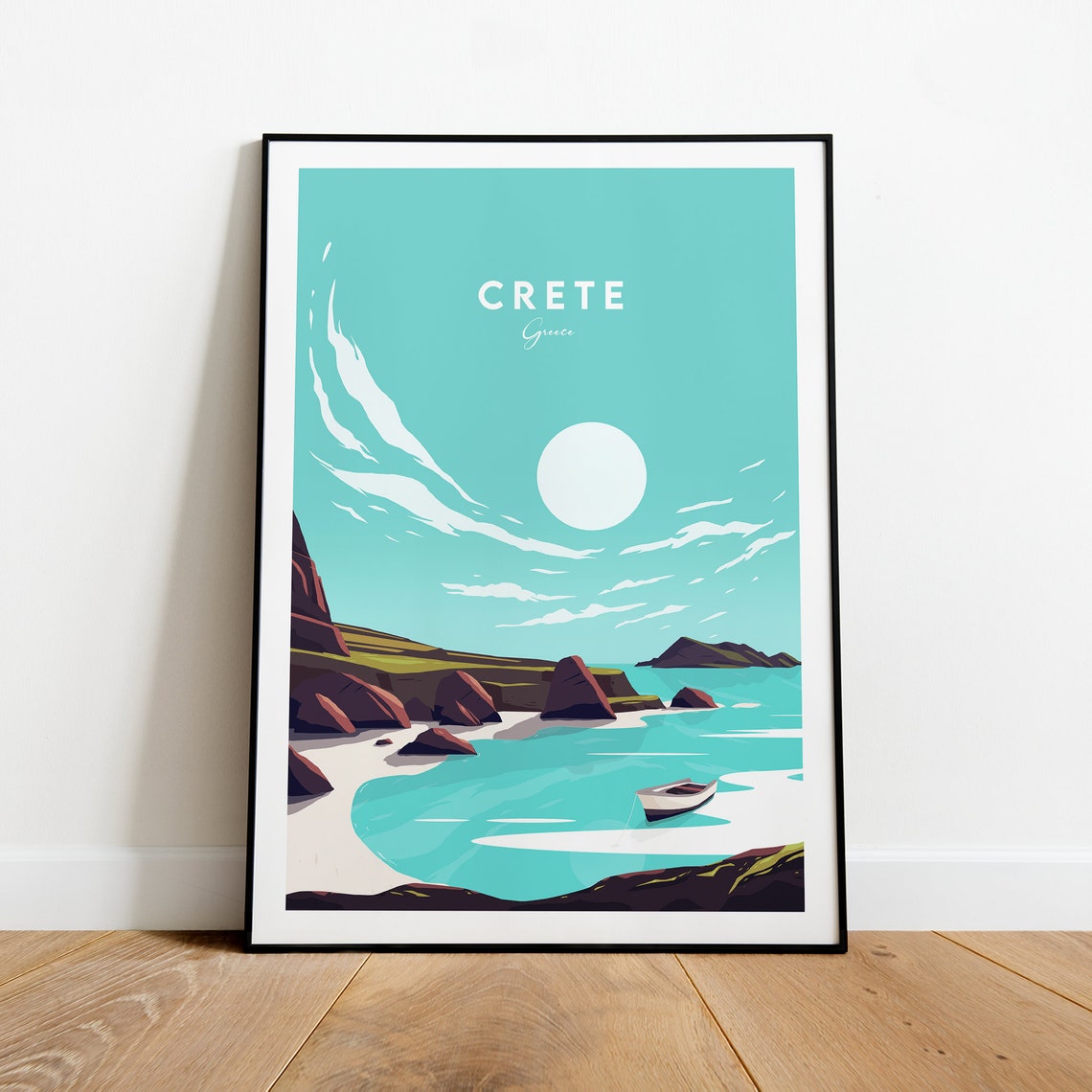 Crete Greece Red Cliffs Cove With Boat on Turquoise Sea Poster - Image 2