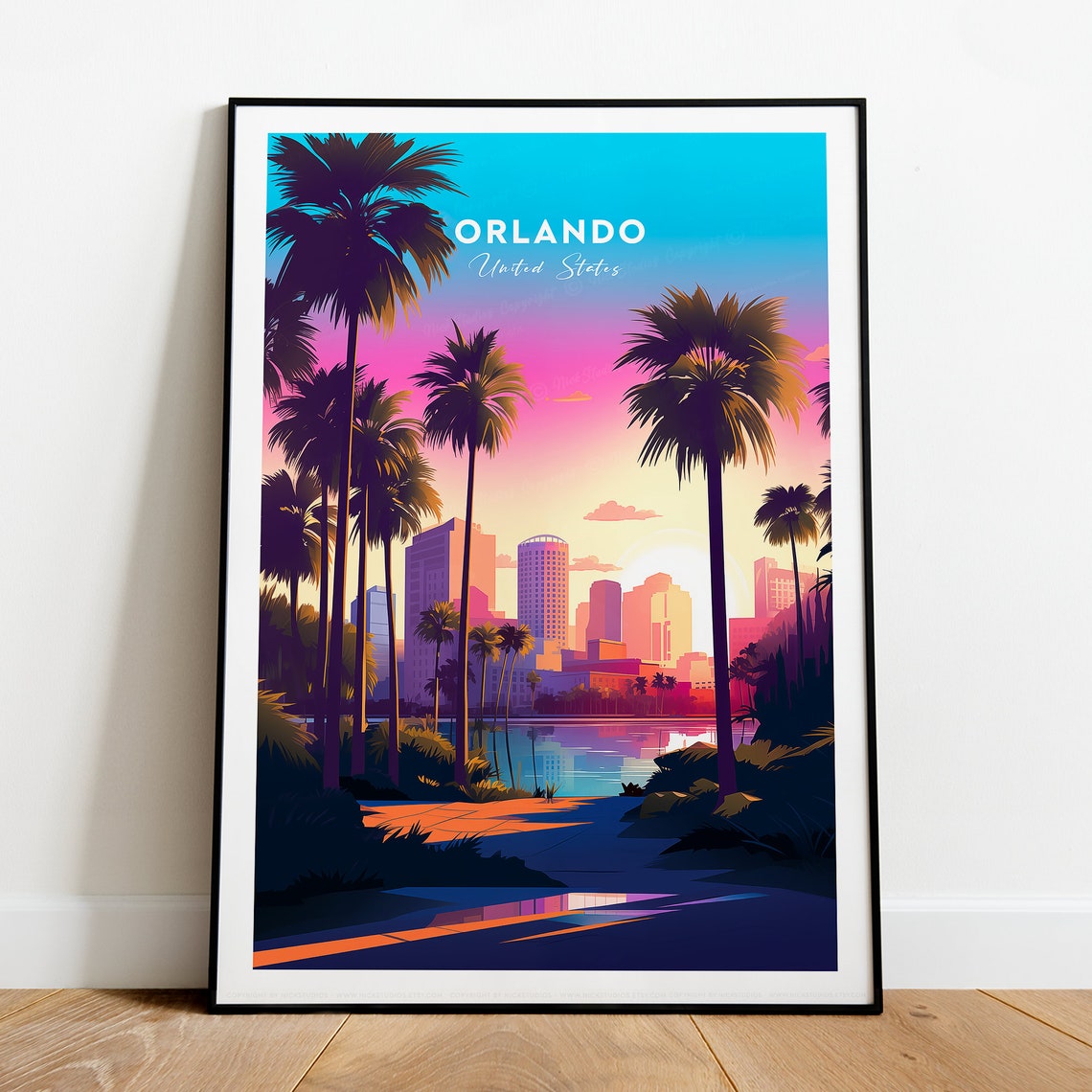 Orlando United States Palm Trees Sunset Downtown Skyline Poster - Image 2