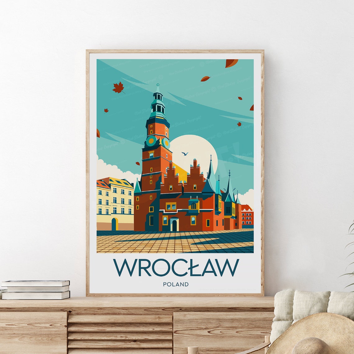 Wroclaw Poland Gothic Town Hall Falling Autumn Leaves Travel Poster - Image 2