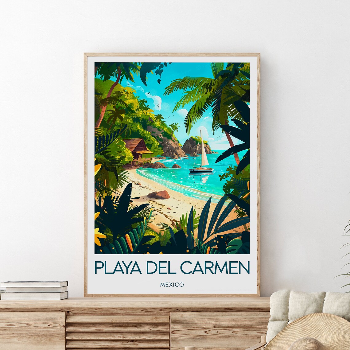 Playa del Carmen Mexico Tropical Beach Sailboat Vintage Travel Poster