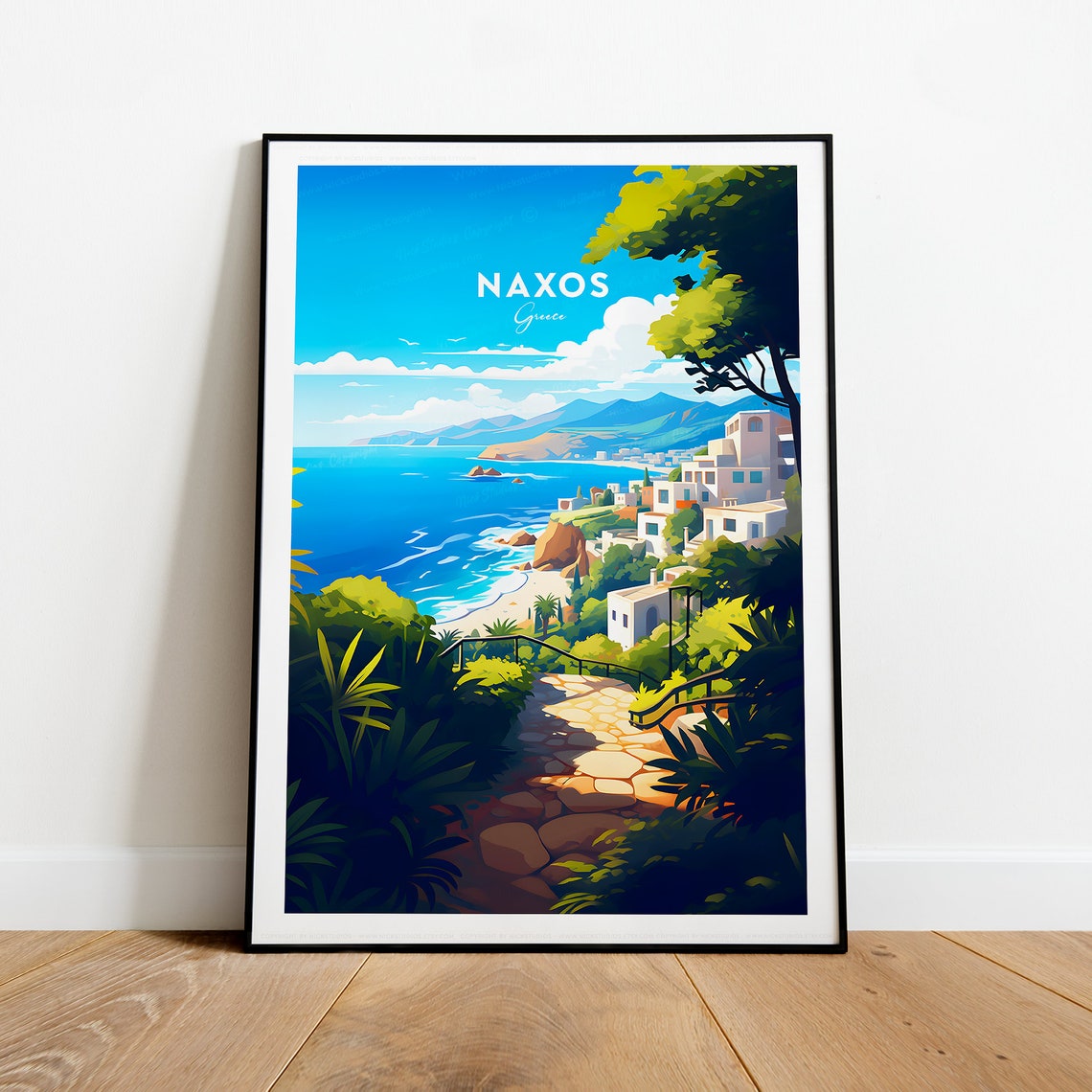 Naxos Greece Whitewashed Village Path by Azure Aegean Sea Poster