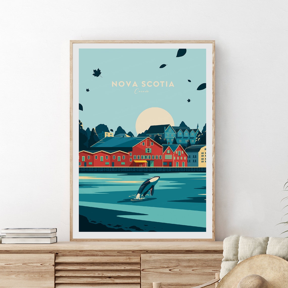 Nova Scotia Canada Harbor Whale Breaching Under Moon Travel Poster