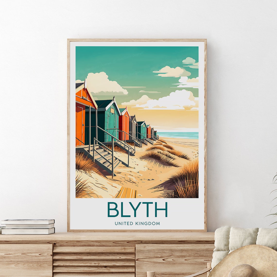 Blyth United Kingdom Colorful Beach Huts Sand Dunes Travel Poster - Image 2