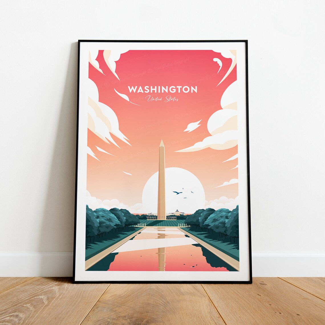 Washington Monument Sunset Reflecting Pool Capital Travel Poster - Image 2