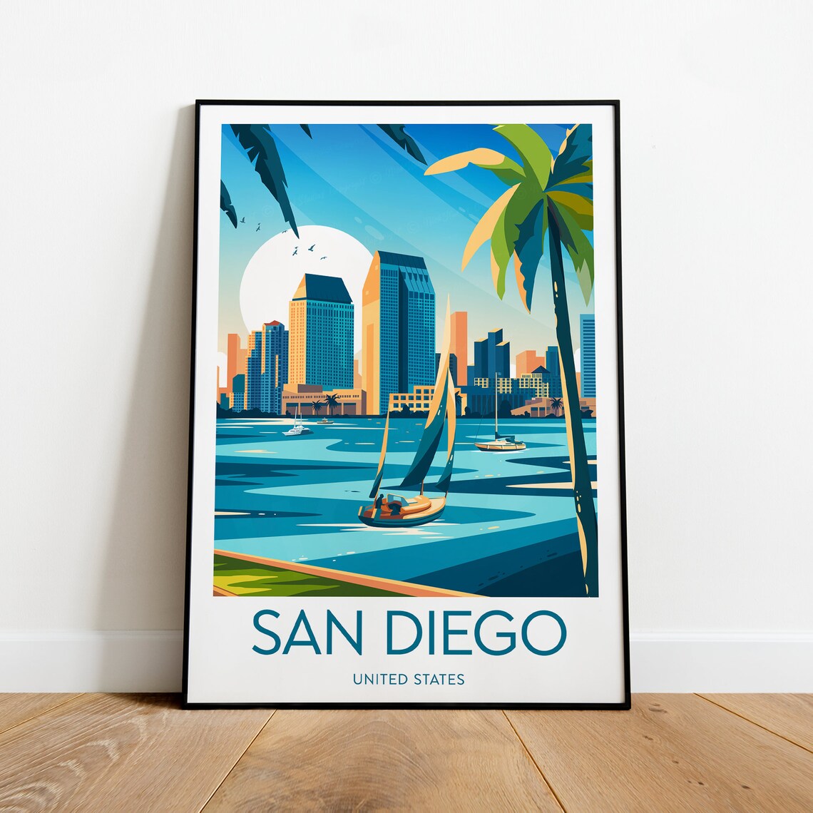 San Diego California Skyline Across the Bay with Sailboats Poster