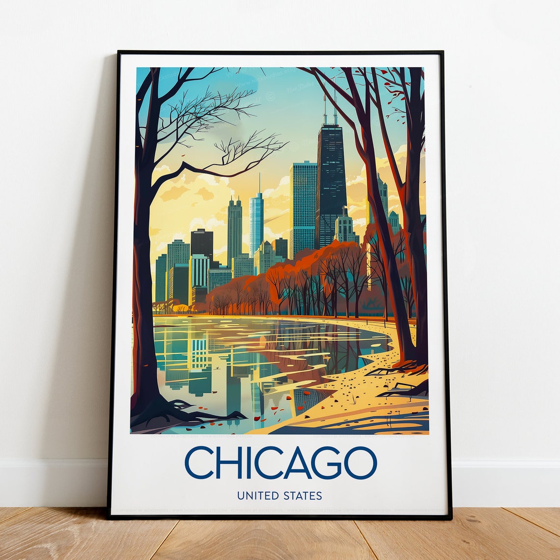 Chicago United States Skyline Autumn Lakeshore Reflection Poster