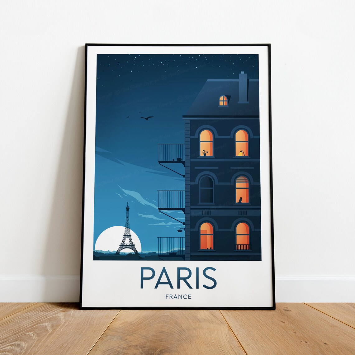Paris France Eiffel Tower Moonlit Night Cityscape Travel Poster - Image 2