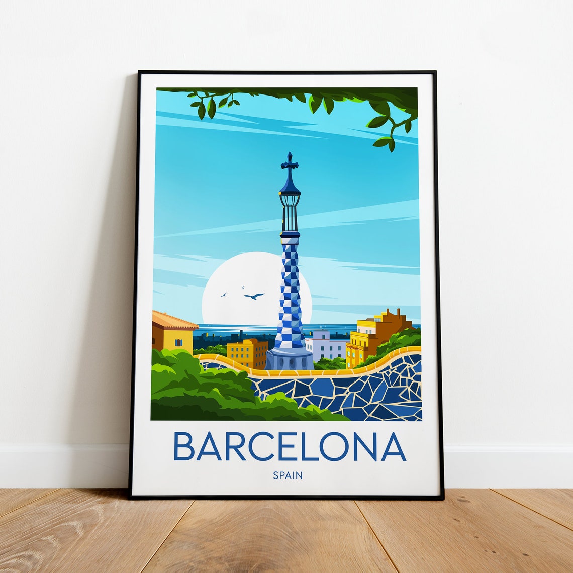 Barcelona Spain Park Guell Mosaic Terrace Daytime View City Poster